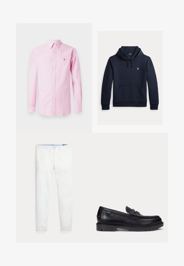 Tmavomodrá mikina s kapucňou so šnúrkou, predným klokanie vreckom, dlhými rukávmi a malým bielym logom Polo Ralph Lauren na hrudi.; Ružová a biela prúžkovaná košeľa s dlhým rukávom a zapínaním na gombíky, s malým logom na ľavej hrudi. Vyrobená z ľahkého materiálu.; Biele bavlnené chino nohavice s úzkym strihom, so zlatým jedným gombíkom na zapínanie a svetlomodrým vnútorným pásom. Hladká textúra bez vzorov.; Čierny kožený mokasín s hrubou drsnou podrážkou a malou zelenou značkou "Polo" na vonkajšej strane pri päte.