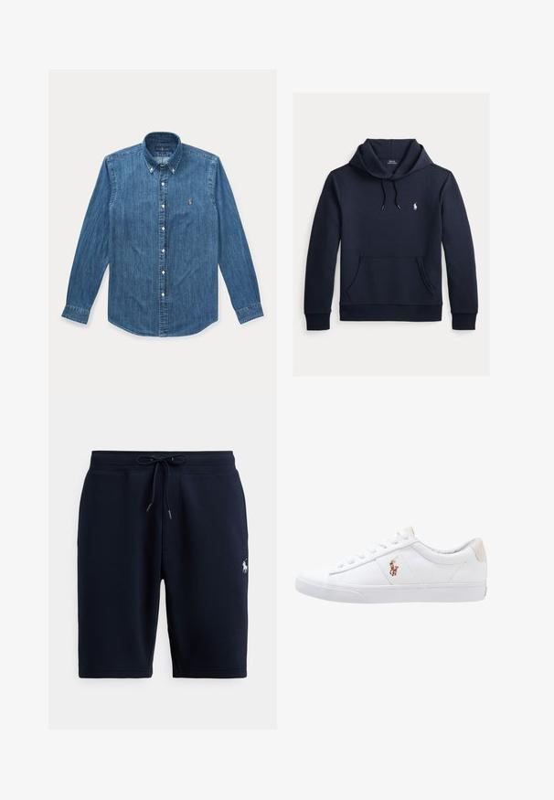 Dunkel marineblauer Kapuzenpullover mit vorderer Kängurutasche, Kapuzenkordel, langen Ärmeln und kleinem weißen Polo Ralph Lauren Logo auf der Brust.; Langärmeliges blaues Denim-Hemd mit Knöpfen, Kragen und kleinem eingesticktem Logo auf der linken Brust.; Marineblaue Baumwoll-Sportshorts mit elastischem Bund, Kordelzug und Logo-Akzent auf der linken Seite. Glatte Textur, knielang.; Weiße Leinensneaker im Low-Top-Design mit einem beigen Ferseneinsatz und einem kleinen gestickten Logo an der Seite. Gummisohle.