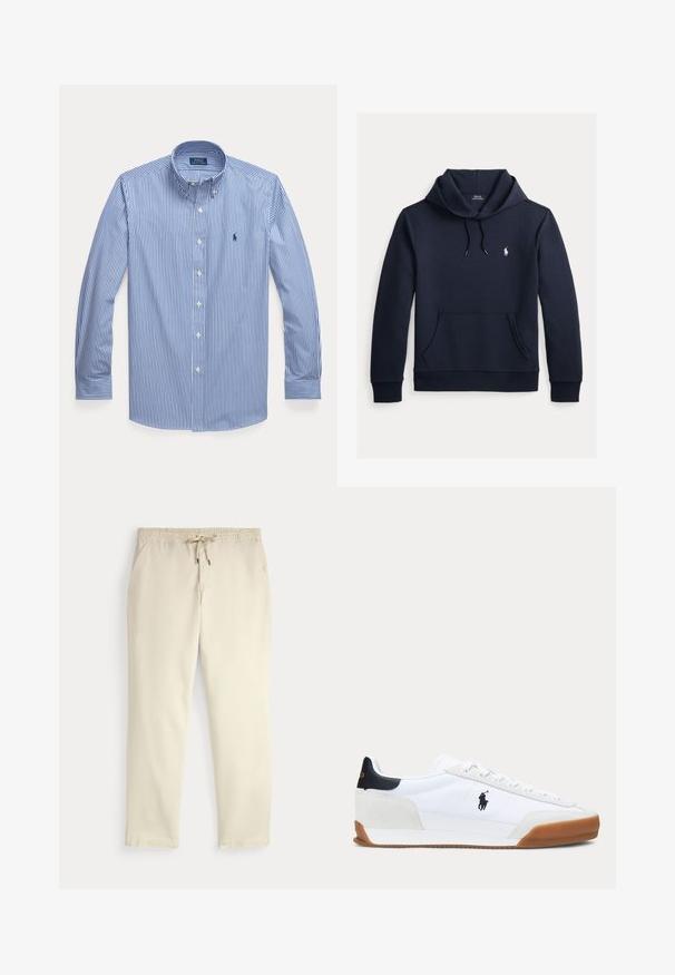 Tmavomodrá mikina s kapucňou so šnúrkou, predným klokanie vreckom, dlhými rukávmi a malým bielym logom Polo Ralph Lauren na hrudi.; Košeľa s dlhým rukávom, modro-bielo vertikálne pásikavá, na gombíky, s golierom a malým vyšívaným logom na ľavej strane hrude.; Krémové voľné nohavice s elastickým pásom a šnúrkou, rovné nohy a bočné vrecká na jednofarebnom pozadí.; Biela nízka teniska s hnedou podrážkou, čiernym záplatou na päte a čiernym logom hráča póla na boku.
