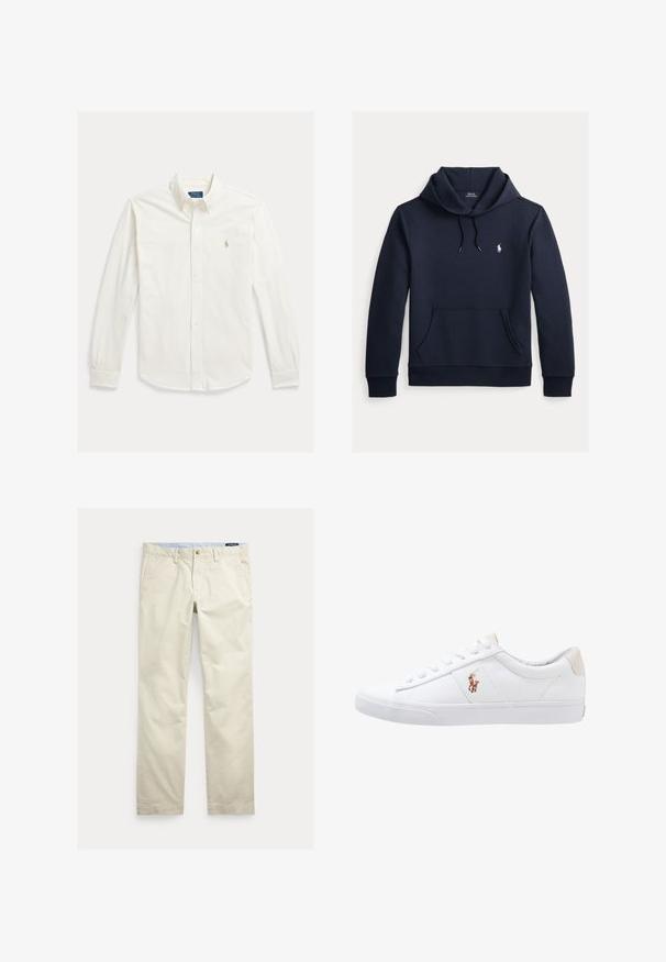 Mørk navyblå hættetrøje med front kangurulomme, snøre i hætten, lange ærmer og lille hvid Polo Ralph Lauren-logo på brystet.; Hvid langærmet skjorte med knapper og krave samt Polo Ralph Lauren-logo broderet på venstre bryst.; Beige bomuld straight-leg bukser med bæltestropper, forreste knap, lynlås og sidelommer.; Hvide kanvas sneakers med lågtop design, prydet med en beige hælkappe og et lille broderet logo på siden. Gummisål.