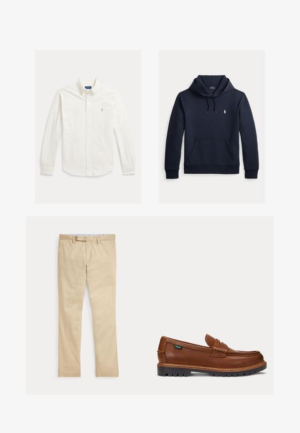 Sudadera con capucha azul navy oscuro con bolsillo canguro delantero, capucha con cordón, mangas largas y pequeño logo blanco de Polo Ralph Lauren en el pecho.; Camisa blanca de manga larga con botones y cuello, con el logo de Polo Ralph Lauren bordado en el pecho izquierdo.; Pantalones beige de corte recto con trabillas para cinturón y cremallera frontal, colocados planos sobre un fondo blanco.; Mocasín de cuero marrón con detalles cosidos, suela negra resistente y pequeña etiqueta "Polo" en el lateral.