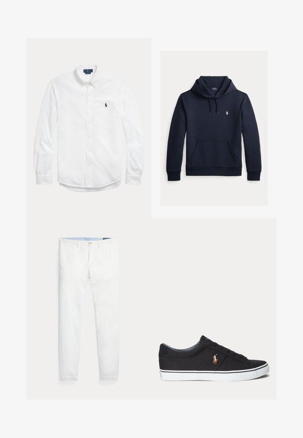 Donker marineblauwe hoodie met voorkangoeroezak, capuchon met trekkoord, lange mouwen en klein wit Polo Ralph Lauren-logo op de borst.; Wit overhemd met lange mouwen, knopen, button-down kraag en klein donker Polo Ralph Lauren-logo op de linkerborst.; Witte katoenen chino's met een slim fit, voorzien van een enkele gouden knoopsluiting en een lichtblauwe binnenband. Gladde textuur zonder patronen.; Zwarte lage sneaker met witte zool en gestikt polo-speler logo aan de zijkant, met veterluiting en textuurstof bovenwerk.