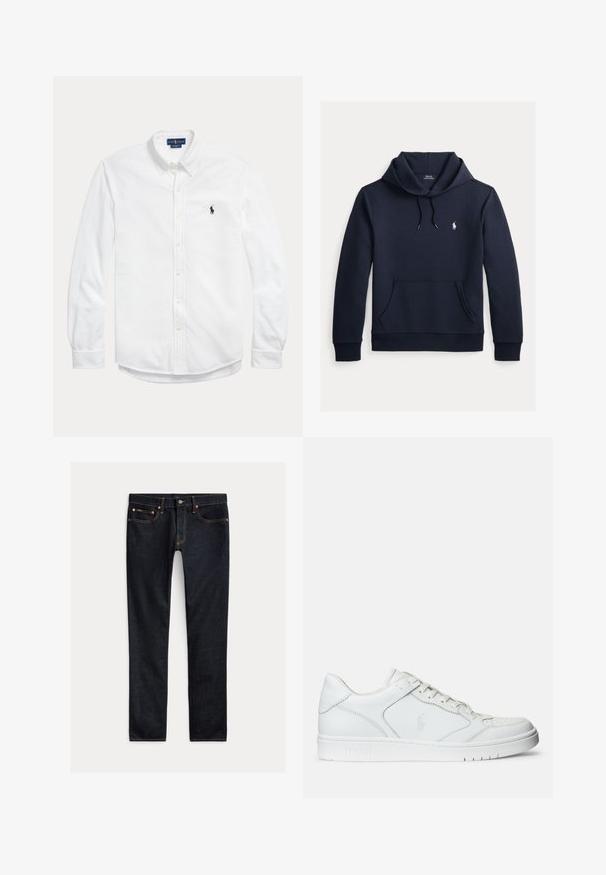 Donker marineblauwe hoodie met voorkangoeroezak, capuchon met trekkoord, lange mouwen en klein wit Polo Ralph Lauren-logo op de borst.; Wit overhemd met lange mouwen, knopen, button-down kraag en klein donker Polo Ralph Lauren-logo op de linkerborst.; Donkerblauwe slim-fit jeans met vijf zakken, knoopsluiting en contrasterende stiksels, plat gelegd op een lichte achtergrond.; Witte leren sneaker met een gladde textuur, voorzien van een geperforeerde neus, vetersluiting en geborduurde logo aan de zijkant. Witte rubberen zool.