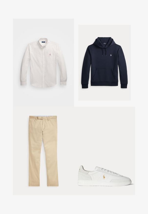 Mørk navyblå hættetrøje med front kangurulomme, snøre i hætten, lange ærmer og lille hvid Polo Ralph Lauren-logo på brystet.; Hvid skjorte med knapper og fine lodrette striber i lys beige. Har en klassisk krave, lange ærmer og et lille broderet logo på brystet.; Beige bukser med lige ben, bæltestropper og frontlynlås, lagt fladt mod en hvid baggrund.; Hvid lavtop sneaker med snøredesign, guldfarvet Polo Ralph Lauren-logo på siden og tekstureret sål på en ensfarvet baggrund.