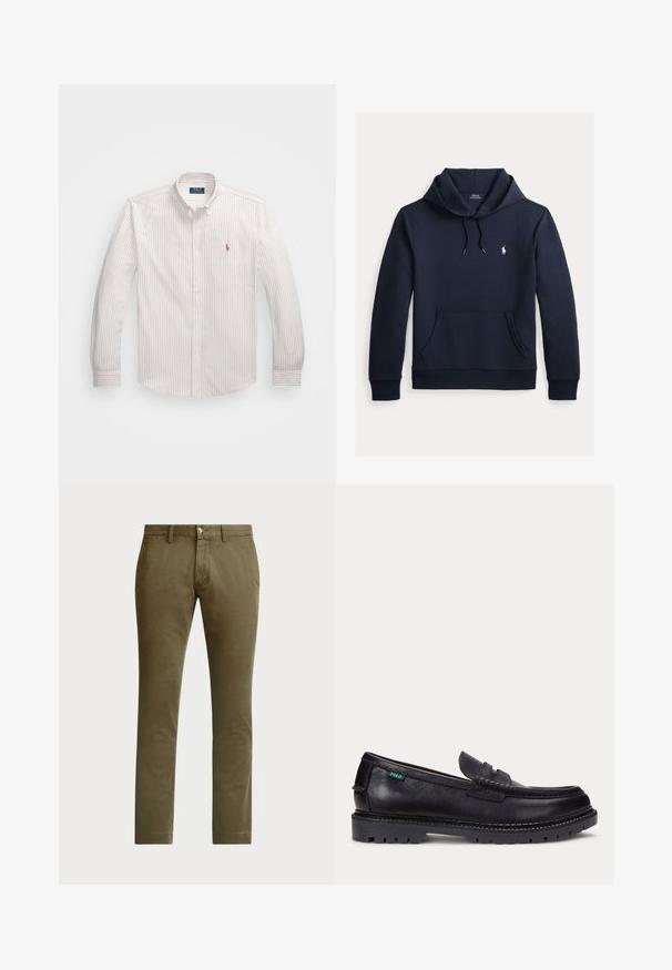 Tmavomodrá mikina s kapucňou so šnúrkou, predným klokanie vreckom, dlhými rukávmi a malým bielym logom Polo Ralph Lauren na hrudi.; Biela košeľa na gombíky s tenkými vertikálnymi pruhmi v svetlej béžovej farbe. Má klasický golier, dlhé rukávy a malé vyšívané logo na hrudi.; Polo Ralph Lauren BEDFORD STRETCH SLIM FIT CHINO PANT - Nohavice chinos - canopy olive; Čierny kožený mokasín s hrubou drsnou podrážkou a malou zelenou značkou "Polo" na vonkajšej strane pri päte.