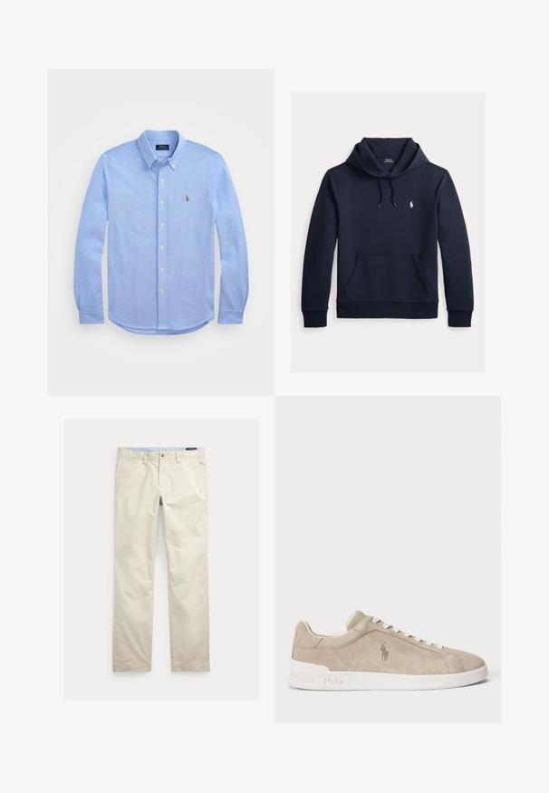 Tmavomodrá mikina s kapucňou so šnúrkou, predným klokanie vreckom, dlhými rukávmi a malým bielym logom Polo Ralph Lauren na hrudi.; Svetlomodrá košeľa s dlhým rukávom a gombíkmi, vyrobená z mäkkej bavlny, má klasický golier a malé vyšívané logo na hrudi.; Béžové bavlnené nohavice s rovnými nohavicami, opaskové pútká, predné zapínanie na gombík, zips a bočné vrecká.; Béžové semišové tenisky s bielymi šnúrkami a podrážkou, vyšívané logo Polo na boku a s embossovaným nápisom "Polo" na podrážke.