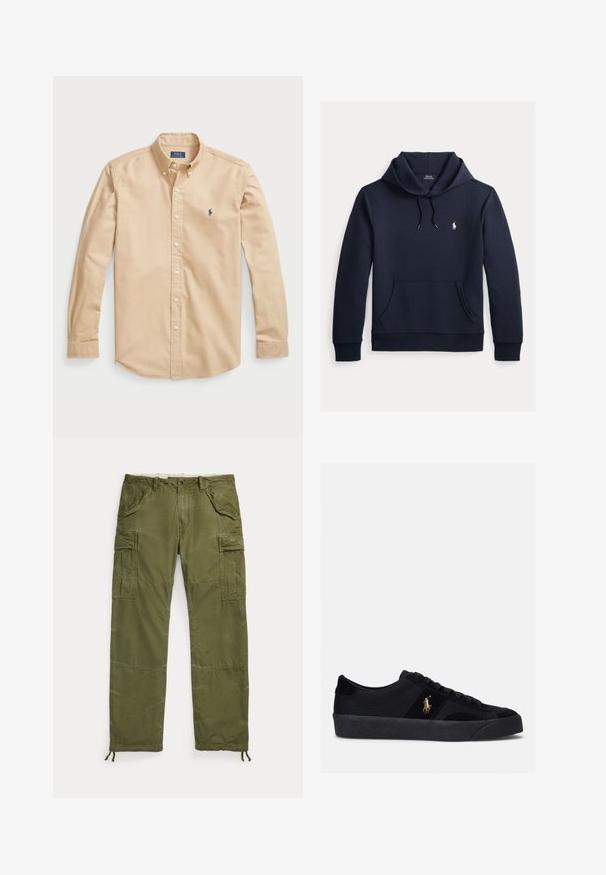 Donker marineblauwe hoodie met voorkangoeroezak, capuchon met trekkoord, lange mouwen en klein wit Polo Ralph Lauren-logo op de borst.; Lichtbeige overhemd met knopen van katoen, met een klassieke kraag, lange mouwen, witte knopen en een klein blauw logo op de borst.; Olijfgroen cargo pants van gestructureerde katoen, met zijzakken, elastische boorden en een knoopsluiting bij de taille.; Zwarte sneakers met een bovenwerk van stof en suède, ronde neus, platte rubberen zool en geborduurd logo aan de zijkant. Vetersluiting met zes veterogen.