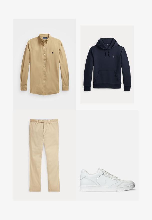 Dunkel marineblauer Kapuzenpullover mit vorderer Kängurutasche, Kapuzenkordel, langen Ärmeln und kleinem weißen Polo Ralph Lauren Logo auf der Brust.; Helle beige Langarmhemd mit Knopfleiste, aus glattem Baumwollstoff. Verfügt über einen spitzen Kragen und ein kleines blaues gesticktes Pferdelogo auf der Brust.; Beige gerade Hose mit Gürtelschlaufen und einem vorderen Reißverschluss, flach auf weißem Hintergrund gelegt.; Weißer Ledersneaker mit glatter Textur, ausgestattet mit einer perforierten Zehenpartie, Schnürverschluss und gesticktem Logo an der Seite. Weiße Gummisohle.