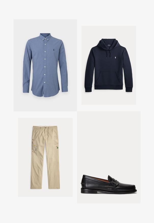 Donker marineblauwe hoodie met voorkangoeroezak, capuchon met trekkoord, lange mouwen en klein wit Polo Ralph Lauren-logo op de borst.; Lange mouw knoopshirt in een blauw geruit patroon. Gemaakt van katoen, met een button-down kraag en een klein logo op de borst.; Beige katoenen broek met geborduurde afbeeldingen, waaronder bomen en bergen, voorzien van een knoopsluiting en riemlussen.; Zwarte leren loafer met lage hak en penny-strap detail, van opzij getoond op een lichtgrijze achtergrond.