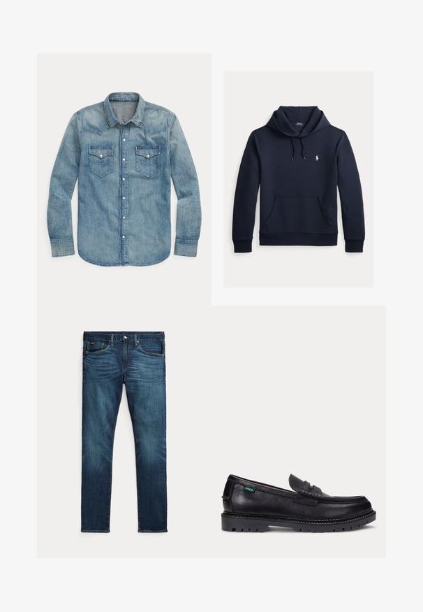 Donker marineblauwe hoodie met voorkangoeroezak, capuchon met trekkoord, lange mouwen en klein wit Polo Ralph Lauren-logo op de borst.; Lichtblauw denim overhemd met lange mouwen, knoopsluiting aan de voorkant, twee borstzakken met kleppen en een puntige kraag.; Donkerblauwe slim-fit jeans met vooraan een knoop en ritssluiting, vijf zakken en subtiel vervagen op de voorkant van de dijen en knieën.; Zwarte leren loafer met dikke geprofileerde zool en klein groen "Polo" label aan de buitenkant bij de hiel.