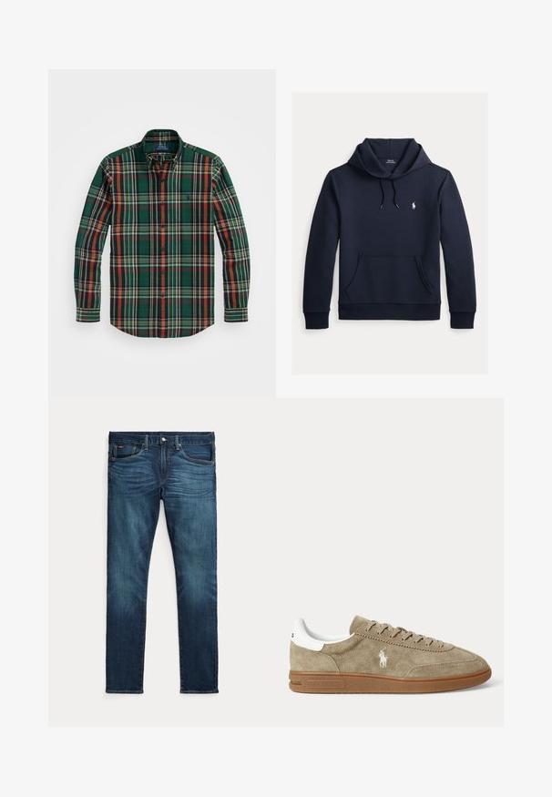 Dunkel marineblauer Kapuzenpullover mit vorderer Kängurutasche, Kapuzenkordel, langen Ärmeln und kleinem weißen Polo Ralph Lauren Logo auf der Brust.; Grün kariertes Hemd mit Knöpfen, in dem orange, marine und weiße Streifen eingearbeitet sind. Es verfügt über einen klassischen Kragen und lange Ärmel und besteht aus weichem Baumwollstoff.; Dunkelblaue Slim-Fit-Jeans mit vorderem Knopf und Reißverschluss, fünf Taschen sowie dezenter Verfärbung an den vorderen Oberschenkeln und Knien.; Beiger Wildleder-Sneaker in niedrigem Schnitt mit brauner Sohle, weißem Fersendetail, Schnürsenkeln und weißem, seitlich gesticktem Polo-Spieler-Logo.