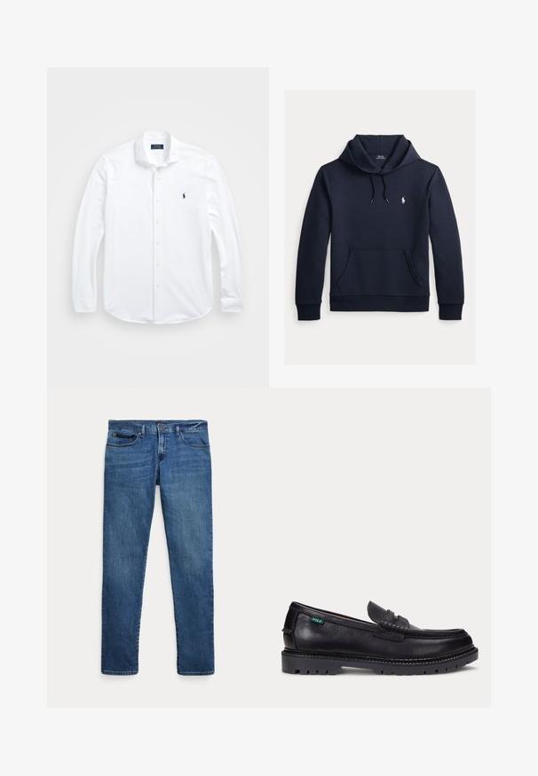 Tmavomodrá mikina s kapucňou so šnúrkou, predným klokanie vreckom, dlhými rukávmi a malým bielym logom Polo Ralph Lauren na hrudi.; Biela košeľa s dlhým rukávom a gombíkmi vyrobená z bavlny. Má klasický golier, bežný strih a malú tmavomodrú logo na hrudi.; Modré rifle z denimu s úzkym strihom, s prednými vreckami, očkami na opasok a zapínaním na gombík na bielom pozadí.; Čierny kožený mokasín s hrubou drsnou podrážkou a malou zelenou značkou "Polo" na vonkajšej strane pri päte.
