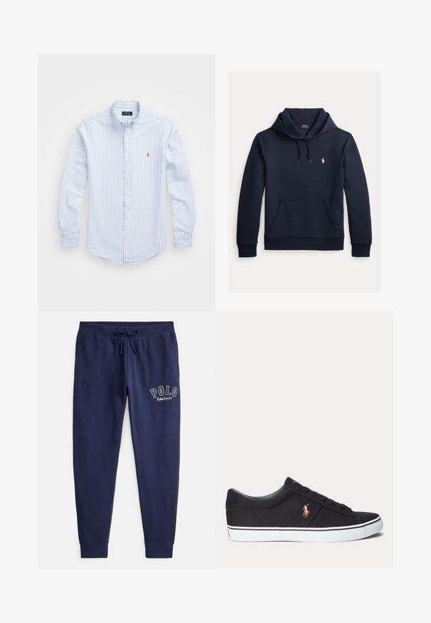 Tmavomodrá mikina s kapucňou so šnúrkou, predným klokanie vreckom, dlhými rukávmi a malým bielym logom Polo Ralph Lauren na hrudi.; Svetlomodrá a biela pruhovaná košeľa na gombíky s golierom, dlhými rukávmi a malým vyšívaným logom na hrudi. Materiál: bavlna.; Námornícky modré bavlnené joggery s elastickým pásom a nastaviteľným sťahovacím šnúrkou. Na ľavej stehne je vyšité biele logo "POLO".; Čierna nízka teniska s bielou gumovou podrážkou a vyšívaným hnedým logom koňa na boku.