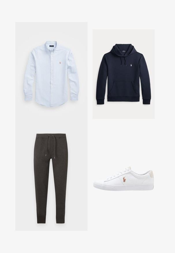 Dunkel marineblauer Kapuzenpullover mit vorderer Kängurutasche, Kapuzenkordel, langen Ärmeln und kleinem weißen Polo Ralph Lauren Logo auf der Brust.; Hellblau und weiß gestreiftes Button-up-Hemd mit Kragen, langen Ärmeln und einem kleinen gestickten Logo auf der Brust. Aus Baumwollmaterial.; Dunkelgraue Jogginghose aus weichem Material, ausgestattet mit einem elastischen Bund mit Kordelzug, zulaufenden Beinen und Bündchen am Knöchel.; Weiße Leinensneaker im Low-Top-Design mit einem beigen Ferseneinsatz und einem kleinen gestickten Logo an der Seite. Gummisohle.