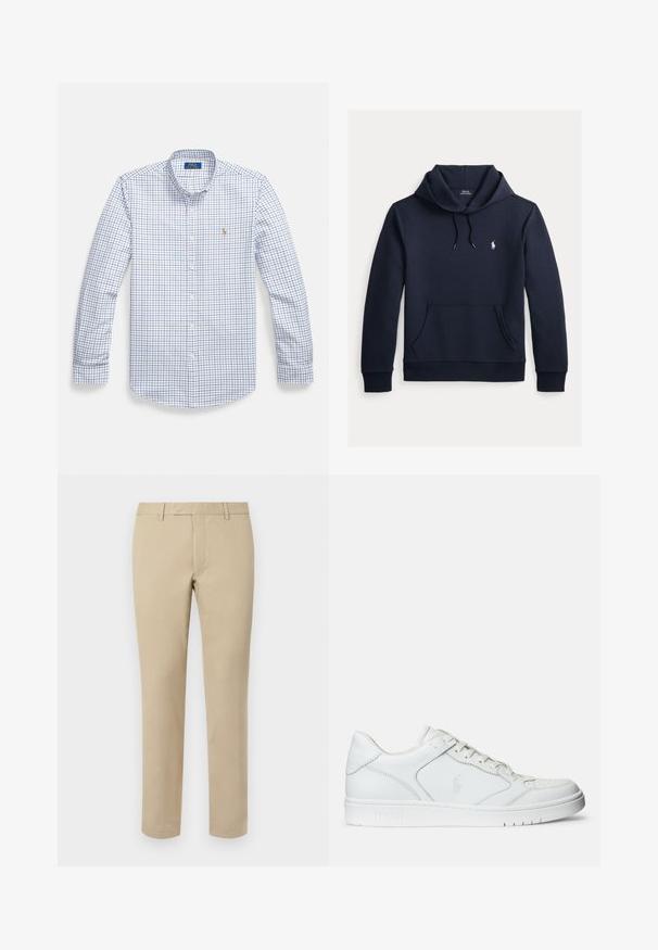 Dark navy blue hoodie with front kangaroo pocket, drawstring hood, long sleeves, and small white Polo Ralph Lauren logo on chest.; Men's long-sleeve button-up shirt in white with a blue and red check pattern. Features a collar and a small embroidered logo on the chest.; Beige cotton trousers with a straight cut, featuring belt loops, a flat front, and tailored hems. Smooth texture and minimal detailing.; White leather sneaker with a smooth texture, featuring a perforated toe, lace closure, and embroidered logo on the side. White rubber sole.