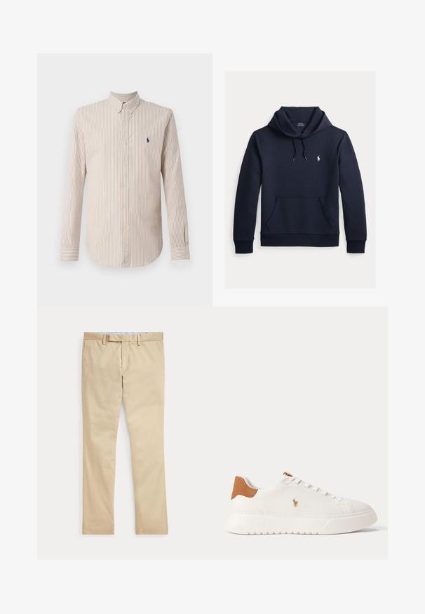 Mørk navyblå hættetrøje med front kangurulomme, snøre i hætten, lange ærmer og lille hvid Polo Ralph Lauren-logo på brystet.; Stribet langærmet skjorte i creme og lysebrun, med krave med knapper og et lille marineblåt logo på brystet.; Beige bukser med lige ben, bæltestropper og frontlynlås, lagt fladt mod en hvid baggrund.; Hvid lavtop sneaker med tan hælfane, hvide snørebånd og lille broderet polo-spiller logo på siden over en tyk sål.