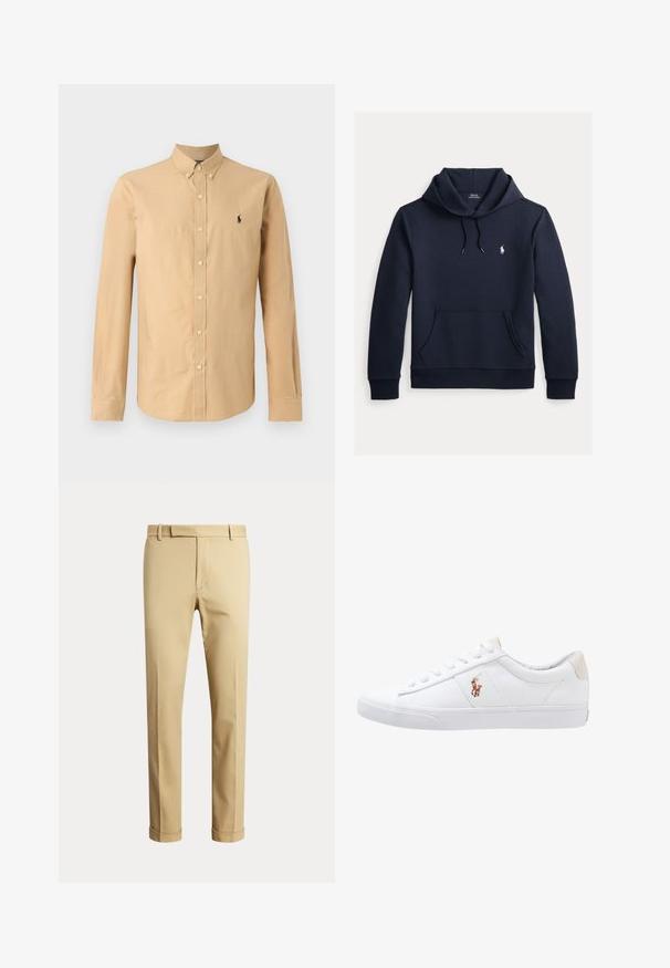 Tmavomodrá mikina s kapucňou so šnúrkou, predným klokanie vreckom, dlhými rukávmi a malým bielym logom Polo Ralph Lauren na hrudi.; Košela s dlhým rukávom v svetlo béžovej farbe z bavlny. Má špicatý golier a malé čierne logo na ľavej strane hrudníka. Hladká textúra.; Béžové nohavice s rovnými nohavicami, pútkami na opasok, predným zipsom a ohrnutými lemami, zobrazené na jednofarebnom svetlom pozadí.; Biele plátenné tenisky s nízkym strihom, ktoré majú béžový opasok na päte a malé vyšívané logo na boku. Gumová podrážka.