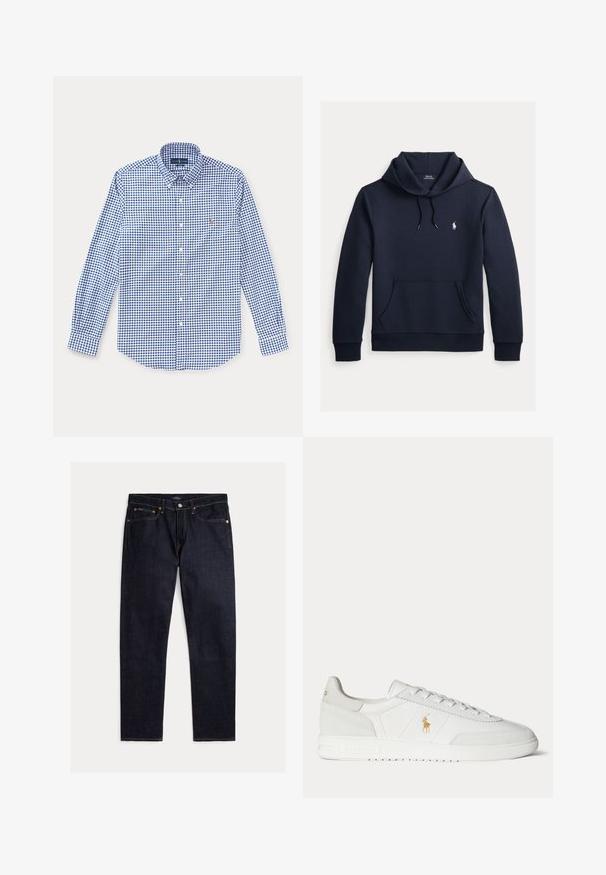 Donker marineblauwe hoodie met voorkangoeroezak, capuchon met trekkoord, lange mouwen en klein wit Polo Ralph Lauren-logo op de borst.; Blauw-wit geruit overhemd met lange mouwen, een kraag en een klein geborduurd logo op de linkerborst.; Donker indigoblauwe rechte jeans met vijf zakken, knoop- en ritsluiting en contrasterende oranje stiksels op een effen achtergrond.; Witte lage sneaker met vetersluiting, gouden Polo Ralph Lauren-logo aan de zijkant en een gestructureerde zool op een effen achtergrond.