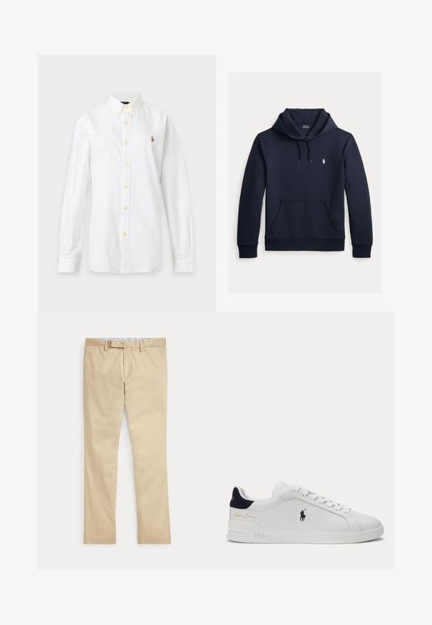 Dunkel marineblauer Kapuzenpullover mit vorderer Kängurutasche, Kapuzenkordel, langen Ärmeln und kleinem weißen Polo Ralph Lauren Logo auf der Brust.; Weißes Hemd mit langen Ärmeln, Knopfleiste, Kragen und kleinem gesticktem Logo auf der linken Brust vor schlichtem Hintergrund.; Beige gerade Hose mit Gürtelschlaufen und einem vorderen Reißverschluss, flach auf weißem Hintergrund gelegt.; Weißer Low-Top-Sneaker mit schwarzem Polospieler-Logo an der Seite, navyfarbener Fersenschlaufe, weißen Schnürsenkeln und "Ralph Lauren" goldener Signatur nahe der Ferse
