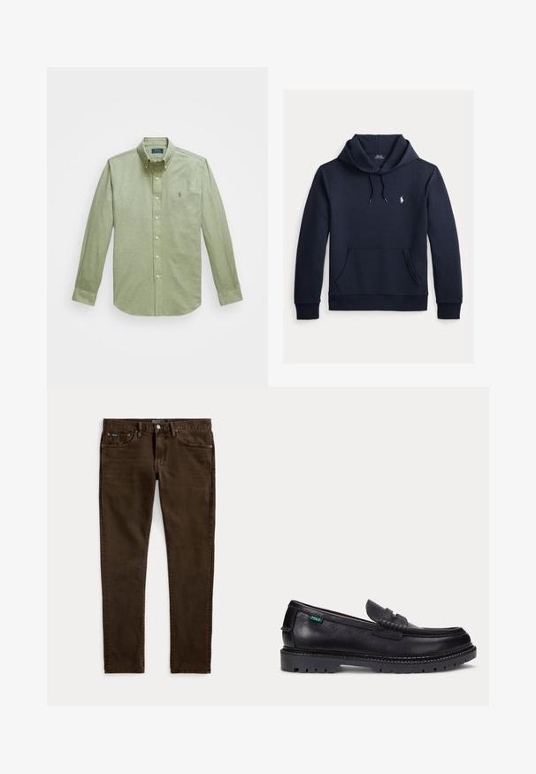 Sudadera con capucha azul navy oscuro con bolsillo canguro delantero, capucha con cordón, mangas largas y pequeño logo blanco de Polo Ralph Lauren en el pecho.; Camisa verde claro de manga larga con botones, que presenta un cuello puntiagudo, un pequeño logotipo bordado en el pecho y botones de perla.; Vaqueros ajustados de color marrón oscuro con cinco bolsillos, cierre de botón y cremallera, y etiquetas visibles de la marca Polo en la cintura y el bolsillo delantero.; Mocasín de cuero negro con suela gruesa estriada y pequeña etiqueta verde "Polo" en el lado exterior cerca del talón.