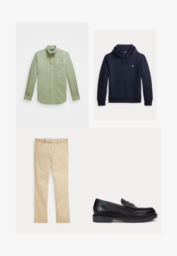 Sudadera con capucha azul navy oscuro con bolsillo canguro delantero, capucha con cordón, mangas largas y pequeño logo blanco de Polo Ralph Lauren en el pecho.; Camisa verde claro de manga larga con botones, que presenta un cuello puntiagudo, un pequeño logotipo bordado en el pecho y botones de perla.; Pantalones beige de corte recto con trabillas para cinturón y cremallera frontal, colocados planos sobre un fondo blanco.; Mocasín de cuero negro con suela gruesa estriada y pequeña etiqueta verde "Polo" en el lado exterior cerca del talón.
