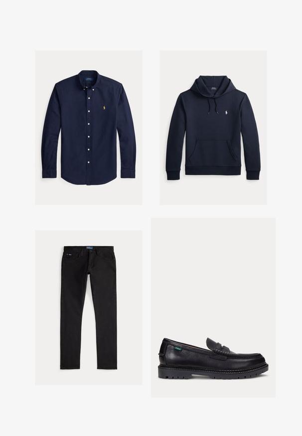 Mørk navyblå hættetrøje med front kangurulomme, snøre i hætten, lange ærmer og lille hvid Polo Ralph Lauren-logo på brystet.; Mørkeblå skjorte med lange ærmer, knapper foran, knappede kraver og lille gul Polo Ralph Lauren logo på venstre bryst.; Sorte denimjeans med slim pasform, der har fem lommer, bæltestropper og et blåt mærke på linningen. Glat, holdbart stof.; Sort læderloafer med tyk, mønstret sål og lille grøn "Polo"-mærke på ydersiden nær hælen.