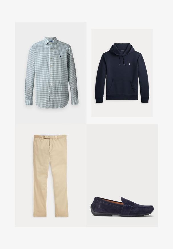 Tummansininen huppari, jossa on edessä kengurutasku, kiristysnauha hupussa, pitkät hihat ja pieni valkoinen Polo Ralph Lauren -logo rinnassa.; Vaaleansininen ja valkoinen ruudullinen kauluspaita, pitkät hihat, klassinen kaulus, jossa on pieni brodeerattu logo rinnassa.; Beiget suorat housut, joissa vyölenkit ja vetoketjullinen etuväljyys, asetettuna tasaisesti valkoista taustaa vasten.; Sinih mokkasinojask, z dizejnom s prišivom, zaobljenim vrhom i teksturiranim gumama. Sadrži suptilni logo sa strane.