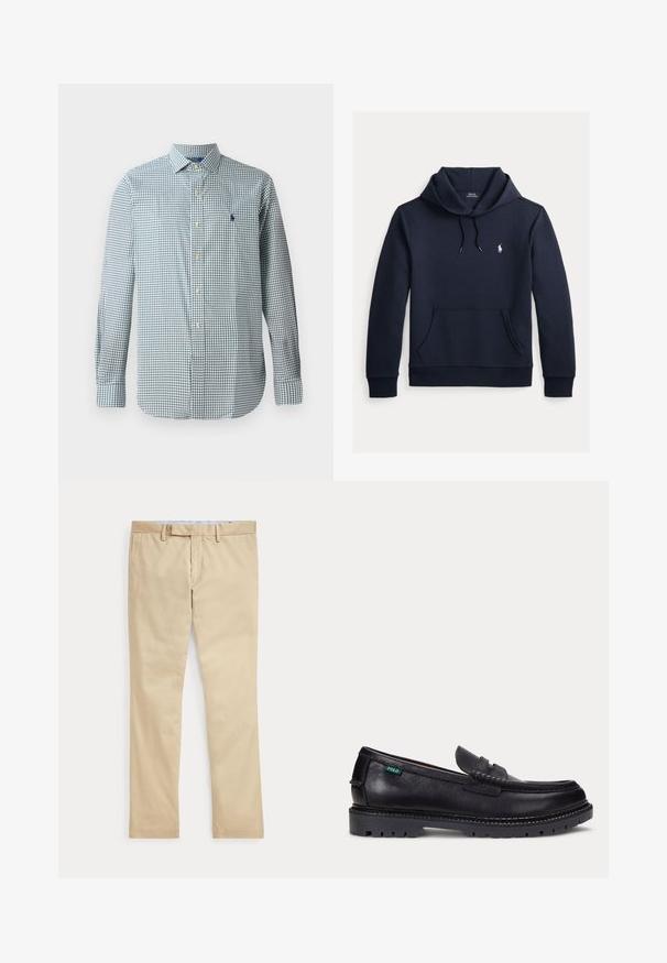 Donker marineblauwe hoodie met voorkangoeroezak, capuchon met trekkoord, lange mouwen en klein wit Polo Ralph Lauren-logo op de borst.; Overhemd met knoopjes in een blauw-witte ginghamcheck, lange mouwen, klassieke kraag, met een klein geborduurd embleem op de borst.; Beige broek met rechte pijpen, ceintuurlussen en een voorrits, plat gelegd tegen een witte achtergrond.; Zwarte leren loafer met dikke geprofileerde zool en klein groen "Polo" label aan de buitenkant bij de hiel.