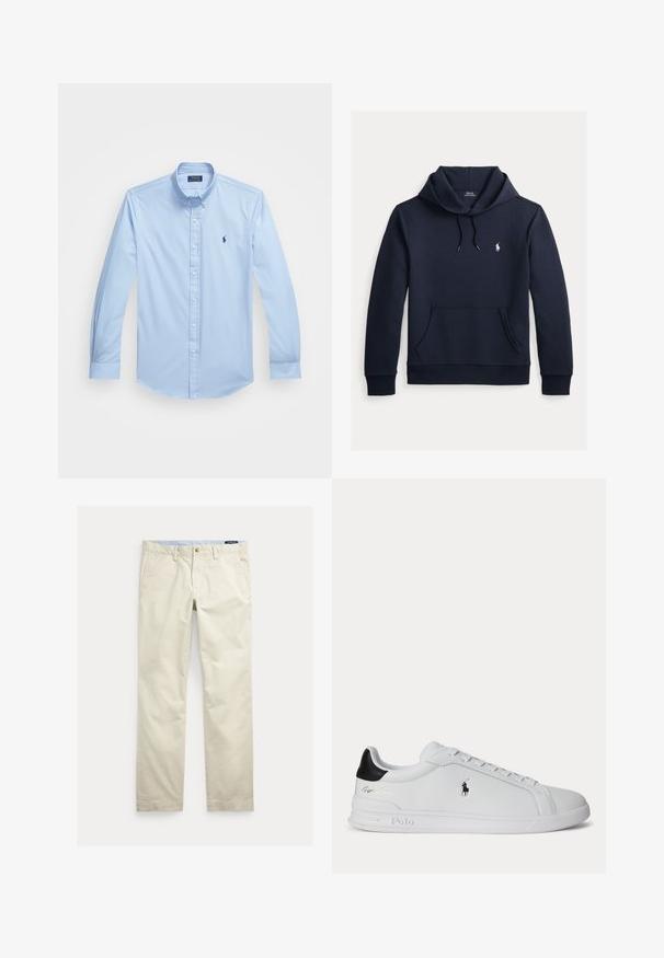Donker marineblauwe hoodie met voorkangoeroezak, capuchon met trekkoord, lange mouwen en klein wit Polo Ralph Lauren-logo op de borst.; Lichtblauw overhemd met lange mouwen, gemaakt van katoen, met een puntige kraag en een geborduurd logo op de linkerborst. Vlakke voorkant ontwerp.; Beige katoenen broek met rechte pijpen, riemlussen, voorste knoop, ritssluiting en zijzakken.; Witte lage sneaker met zwarte hieltab, veters en Polo Ralph Lauren-logo aan de zijkant, met gegraveerde zooldetails.
