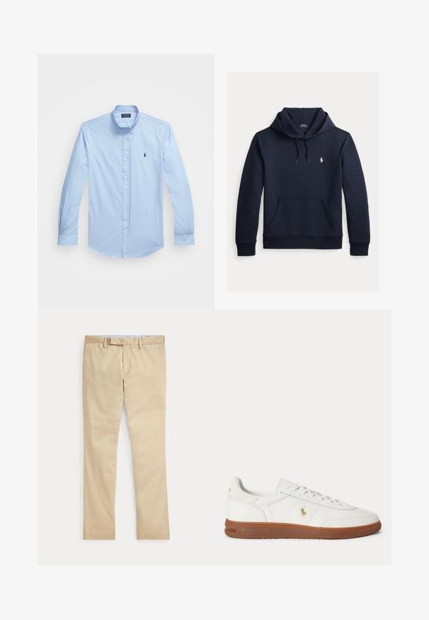 Tmavomodrá mikina s kapucňou so šnúrkou, predným klokanie vreckom, dlhými rukávmi a malým bielym logom Polo Ralph Lauren na hrudi.; Svetlomodrá košeľa na gombíky vyrobená z bavlny s dlhými rukávmi, špicatým golierom a vyšitým logom na ľavej hrudi. Plosky predný dizajn.; Béžové nohavice s rovnými nohavicami, s pútkami na opasok a predným zipsom, položené na bielom pozadí.; Biele nízke tenisky s hnedou podrážkou, šnurovaním vpredu a malým zlatým logom Polo Ralph Lauren na boku.