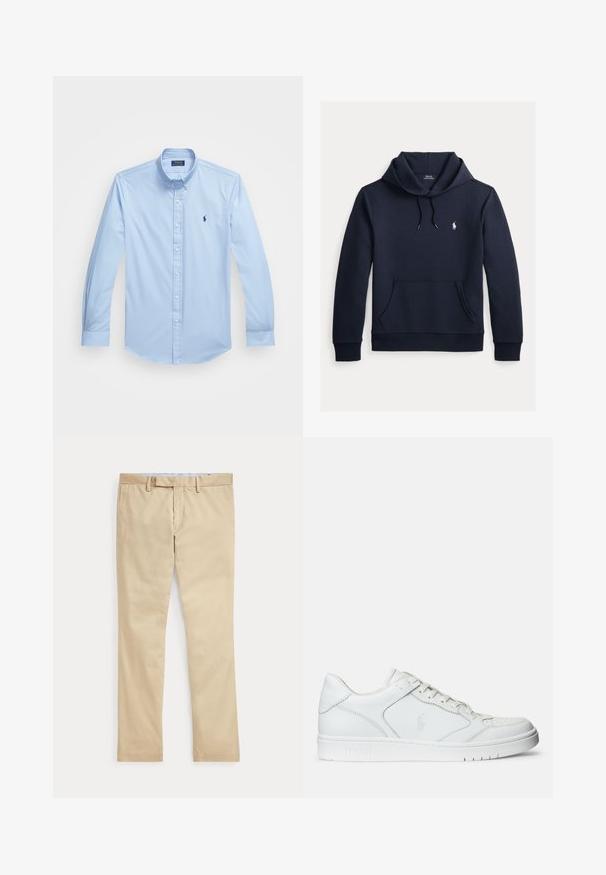 Tmavomodrá mikina s kapucňou so šnúrkou, predným klokanie vreckom, dlhými rukávmi a malým bielym logom Polo Ralph Lauren na hrudi.; Svetlomodrá košeľa na gombíky vyrobená z bavlny s dlhými rukávmi, špicatým golierom a vyšitým logom na ľavej hrudi. Plosky predný dizajn.; Béžové nohavice s rovnými nohavicami, s pútkami na opasok a predným zipsom, položené na bielom pozadí.; Biele kožené tenisky s hladkým povrchom, obsahujúce perforovanú špičku, šnúrkové uzatvorenie a vyšívané logo na boku. Biela gumová podrážka.