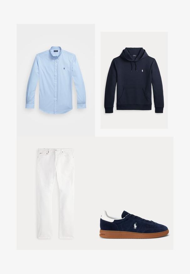 Donker marineblauwe hoodie met voorkangoeroezak, capuchon met trekkoord, lange mouwen en klein wit Polo Ralph Lauren-logo op de borst.; Lichtblauw overhemd met lange mouwen, gemaakt van katoen, met een puntige kraag en een geborduurd logo op de linkerborst. Vlakke voorkant ontwerp.; Witte rechte jeans met vijfzakkenontwerp en knoopsluiting, plat uitgestald op een neutrale achtergrond.; Donkerblauwe suède sneaker met witte hielstrook, geborduurd logo aan de zijkant, bruine rubberen zool en zwarte veters.
