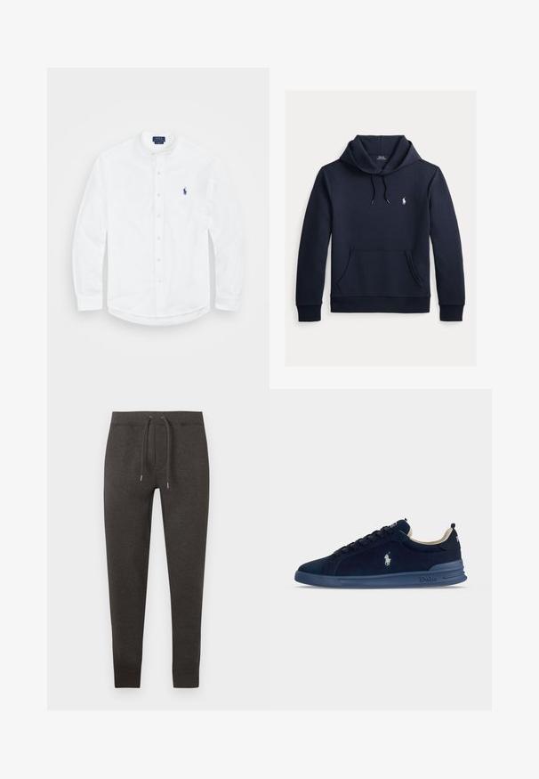 Donker marineblauwe hoodie met voorkangoeroezak, capuchon met trekkoord, lange mouwen en klein wit Polo Ralph Lauren-logo op de borst.; Witte lange mouwen shirt met een bandkraag, knoopsluiting aan de voorkant en een blauw logo aan de linkerkant. Gemaakt van soepel katoen.; Donkergrijze sweatpants gemaakt van zacht materiaal, met een elastische tailleband en trekkoorden, taps toelopende pijpen en boorden bij de enkels.; Marineblauwe lage sneaker met suède bovenwerk, vetersluiting aan de voorkant, gevoerde zool en Polo-logo op de zijkant en het hieltabje aan de achterkant.
