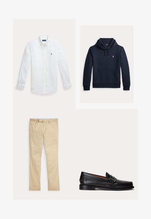 Tmavomodrá mikina s kapucňou so šnúrkou, predným klokanie vreckom, dlhými rukávmi a malým bielym logom Polo Ralph Lauren na hrudi.; Biela ľanová košeľa s dlhým rukávom, zapínaním na gombíky a špicatým golierom, s vyšitým modrým logom na ľavej hrudi. Má gombíkové manžety.; Béžové nohavice s rovnými nohavicami, s pútkami na opasok a predným zipsom, položené na bielom pozadí.; Čierny kožený mokasín s nízkym podpätkom a detailom s penny remienkom, zobrazený z boku na svetlosivom pozadí.