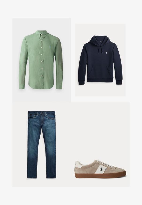 Tume merevärvi kapuutsiga dressipluus esiküljel kengurutasku, kapuuts nööriga, pikad varrukad ja väike valge Polo Ralph Laureni logo rinnal.; Roheline nööbitav särk, mis on valmistatud kergest kangast; omadused on punktkrae, pikad varrukad ja väike sinine logo vasakul rinnal.; Tumesinised kitsad teksad esiküljel nööbi ja tõmblukuga, viie taskuga ning peene tuhmumisega reite ja põlvede eesosas.; Beežid seemisnahast madala säärega tossud valgete paelte, valge nahkdetaili ja musta hobuse logoga ning pruunast kummist tallaga.