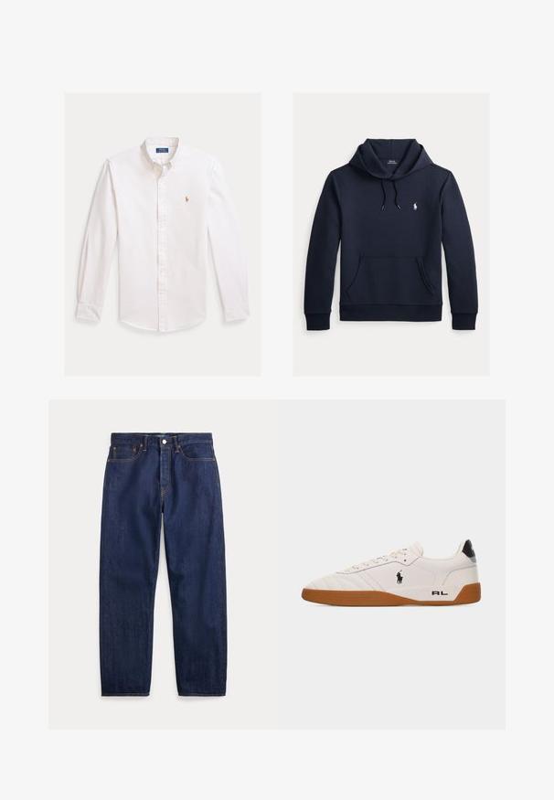 Mørk navyblå hættetrøje med front kangurulomme, snøre i hætten, lange ærmer og lille hvid Polo Ralph Lauren-logo på brystet.; Hvid skjorte med knapper, lyse striber, lange ærmer, spids krave og broderet logo på brystet. Bomuldsmateriale, glat tekstur.; Mørkeblå denimjeans med lige ben, fem lommer, knaplukning og synlige syninger.; Hvid lav sneakers med brun gummisål, sort Polo Ralph Lauren-logo på siden og "RL" tekst på hælområdet.