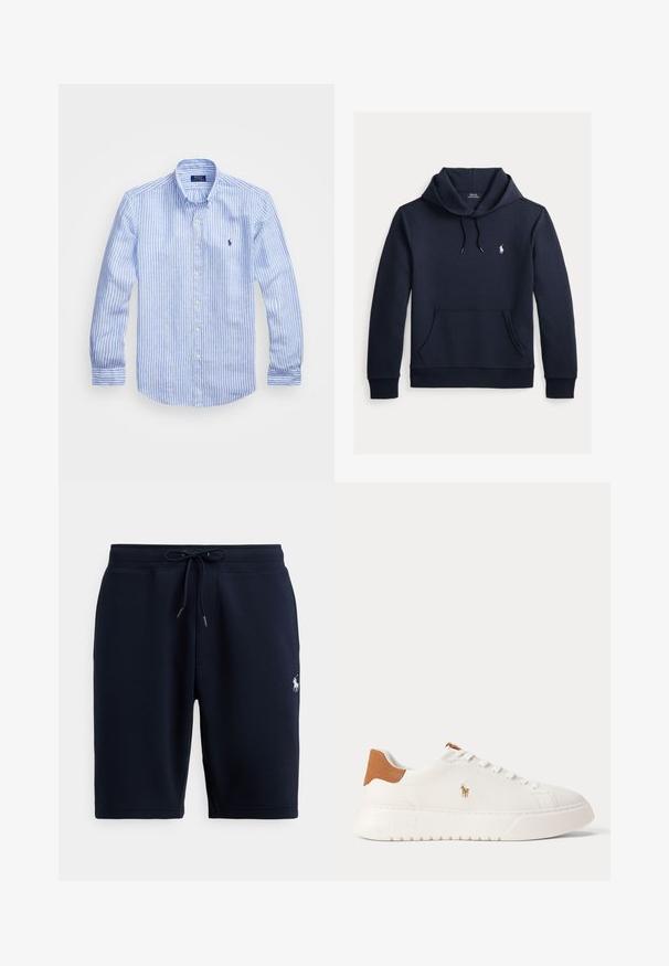 Tmavomodrá mikina s kapucňou so šnúrkou, predným klokanie vreckom, dlhými rukávmi a malým bielym logom Polo Ralph Lauren na hrudi.; Modrá a biela prúžkovaná košeľa s dlhými rukávmi vyrobená z bavlny, vybavená golierom na gombíky, prednými gombíkmi a malým vyšitým logom na hrudi.; Tmavomodré atletické šortky z bavlny s elastickým pásom, sťahovacou šnúrkou a logom na ľavej strane. Hladká textúra, dĺžka po kolená.; Biely nízky teniska s béžovou pätovou záložkou, bielymi šnúrkami a malým vyšívaným logom hráča póla na boku nad tlustou podrážkou.