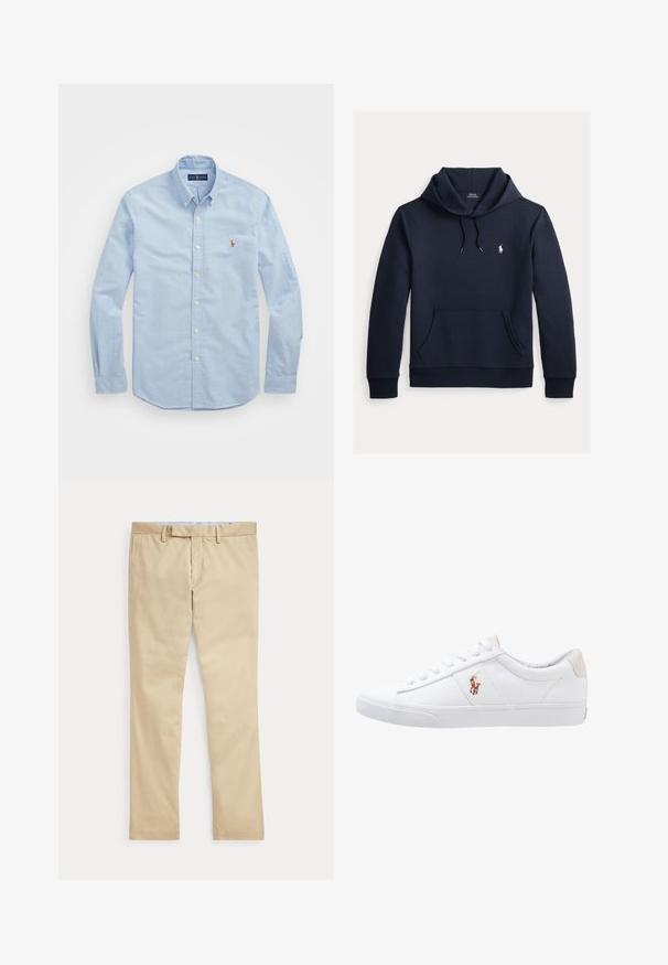 Donker marineblauwe hoodie met voorkangoeroezak, capuchon met trekkoord, lange mouwen en klein wit Polo Ralph Lauren-logo op de borst.; Lichtblauwe overhemd met lange mouwen, gemaakt van katoen, met een klassieke kraag en een klein rood geborduurd logo op de borst.; Beige broek met rechte pijpen, ceintuurlussen en een voorrits, plat gelegd tegen een witte achtergrond.; Witte canvas sneakers met een laag ontwerp, featuring een beige hieltab en een klein geborduurd logo aan de zijkant. Rubber zool.