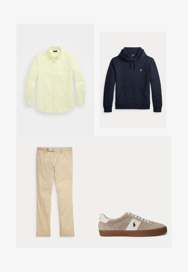 Tume merevärvi kapuutsiga dressipluus esiküljel kengurutasku, kapuuts nööriga, pikad varrukad ja väike valge Polo Ralph Laureni logo rinnal.; Hele kollane nööbitav särk, millel on laienev krae, pikad varrukad ja väike broderi logo vasakul rinnal. Puuvillane materjal, sile tekstuur.; Beeži sirgete säärega püksid vööaasade ja ees oleva tõmblukuga, laotatud tasaselt valgele taustale.; Beežid seemisnahast madala säärega tossud valgete paelte, valge nahkdetaili ja musta hobuse logoga ning pruunast kummist tallaga.