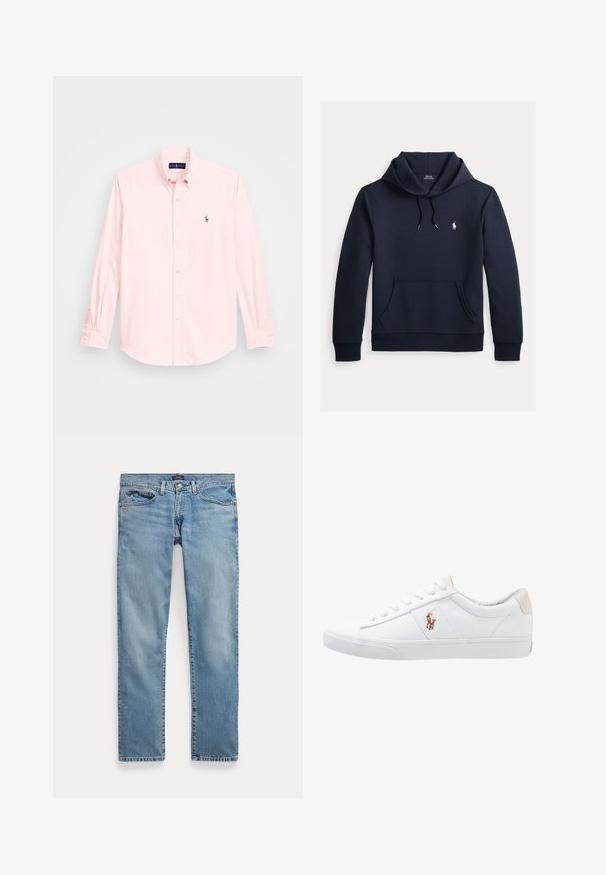 Dunkel marineblauer Kapuzenpullover mit vorderer Kängurutasche, Kapuzenkordel, langen Ärmeln und kleinem weißen Polo Ralph Lauren Logo auf der Brust.; Helles rosa Langarmhemd mit Kragen zum Knöpfen, verfügt über ein kleines gesticktes Logo auf der linken Brust, gefertigt aus einem glatten Baumwollstoff.; Hellblaue Jeans mit geradem Bein, Vordertaschen und Knopfverschluss, flach auf weißem Hintergrund ausgebreitet.; Weiße Leinensneaker im Low-Top-Design mit einem beigen Ferseneinsatz und einem kleinen gestickten Logo an der Seite. Gummisohle.