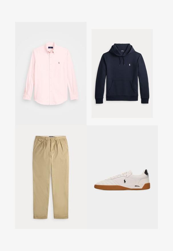Tmavomodrá mikina s kapucňou so šnúrkou, predným klokanie vreckom, dlhými rukávmi a malým bielym logom Polo Ralph Lauren na hrudi.; Svetloružová košeľa s dlhým rukávom a golierom na gombíky, má malé vyšívané logo na ľavej hrudi, vyrobená z hladkej bavlnenej tkaniny.; Béžové plisované nohavice s bočnými vreckami, malým zapínacím vreckom na mince na pravej strane, pútky na opasok a predným zapínaním na gombík a zips.; Biela nízka teniska s hnedou gumovou podrážkou, čiernym logom Polo Ralph Lauren na boku a textom „RL" na päte.