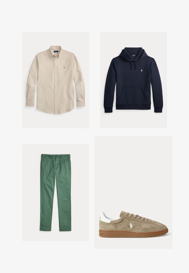 Mørk navyblå hættetrøje med front kangurulomme, snøre i hætten, lange ærmer og lille hvid Polo Ralph Lauren-logo på brystet.; Beige langærmet skjorte med knapper og krave, broderet Polo Ralph Lauren-logo på brystet og knappede manchetter.; Grønne herrebukser med lige ben, forlommer, bæltestropper og knaplukning, vist fladt på en hvid baggrund.; Beige lavskoet ruskindesneaker med brun sål, hvid hældetalje, snørebånd og en hvid broderet polospillerlogo på siden.