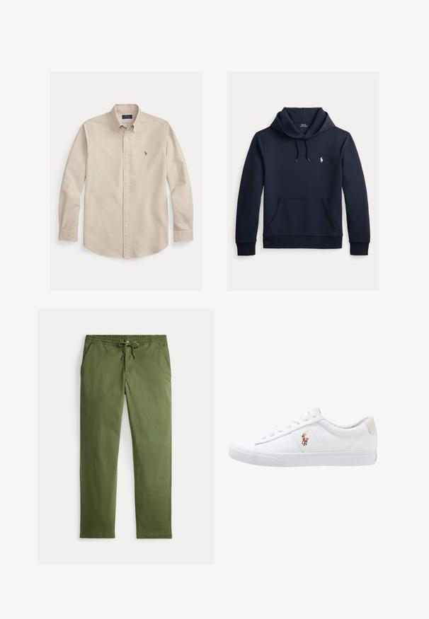 Tume merevärvi kapuutsiga dressipluus esiküljel kengurutasku, kapuuts nööriga, pikad varrukad ja väike valge Polo Ralph Laureni logo rinnal.; Beež pikkade varrukatega nööpidega särgikaelusega, rinnal tikitud Polo Ralph Laureni logo ja nööpidega mansetid.; Meeste oliivrohelised vabaaja püksid, millel on elastne vöökoht, nööriga kinni tõmbamine, nööp sulgemine ja küljetaskud, asetatud tasasele valgel taustale.; Valge kanvasest tennis, madala lõikega disain, millel on beež kontsapink ja väike tikitud logo küljel. Kummi välissole.