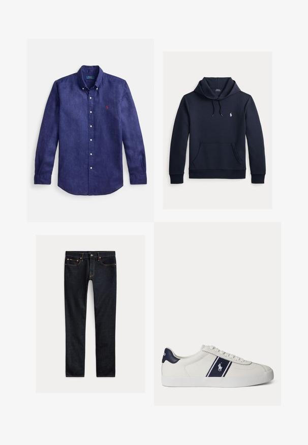 Tume merevärvi kapuutsiga dressipluus esiküljel kengurutasku, kapuuts nööriga, pikad varrukad ja väike valge Polo Ralph Laureni logo rinnal.; Sinine linane pika varrukaga särk nööbitava krae, eesmiselt lukuva ja vasakul rinnal väikese punase tikandiga logoga.; Tumedassinised kitsad teksad viie tasku, nööp-kinnituse ja kontrastõmblustega, tasapinnal heledal taustal.; Valge madala säärega toss, millel on küljel tumesinise triibu ja logoga ning tumesinine kanna klamber, lame valge tald ja valged paelad.