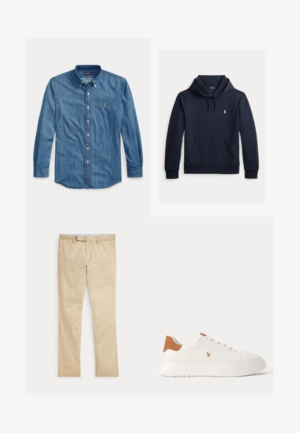 Tmavomodrá mikina s kapucňou so šnúrkou, predným klokanie vreckom, dlhými rukávmi a malým bielym logom Polo Ralph Lauren na hrudi.; Modrá rifľová košeľa s dlhým rukávom, golierom a malým vyšívaným logom na ľavej strane hrudníka vedľa gombíkov.; Béžové nohavice s rovnými nohavicami, s pútkami na opasok a predným zipsom, položené na bielom pozadí.; Biely nízky teniska s béžovou pätovou záložkou, bielymi šnúrkami a malým vyšívaným logom hráča póla na boku nad tlustou podrážkou.