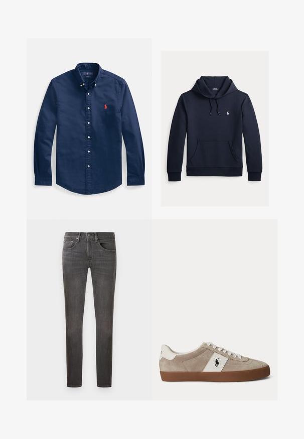 Tmavomodrá mikina s kapucňou so šnúrkou, predným klokanie vreckom, dlhými rukávmi a malým bielym logom Polo Ralph Lauren na hrudi.; Tmavomodrá bavlnená košeľa na gombíky s špicatým golierom, dlhými rukávmi a malým červeným vyšívaným logom na hrudi.; Tmavošedé džínsy z denimu s klasickým strihom, piatimi vreckami a jemným efektom opotrebovania, so zapínaním na gombík a zips.; Béžová semišová nízka teniska s bielymi šnúrkami, bielym koženým prvkom s čiernym logom koňa a hnedou gumovou podrážkou.