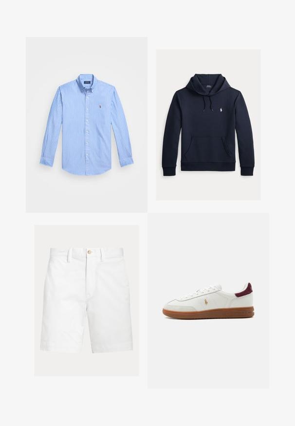 Donker marineblauwe hoodie met voorkangoeroezak, capuchon met trekkoord, lange mouwen en klein wit Polo Ralph Lauren-logo op de borst.; Blauwe en witte gestreepte lange mouwen overhemd met een puntige kraag en logo-embleem op de borst. Katoenen stof met een gladde textuur.; Witte knielange shorts met riemlussen en een bruine knoopsluiting in de taille, weergegeven op een effen achtergrond.; Witte lage sneaker met bruine rubberen zool, gouden polo speler logo aan de zijkant, witte veters en bordeaux suède hieltab, merk Ralph Lauren.