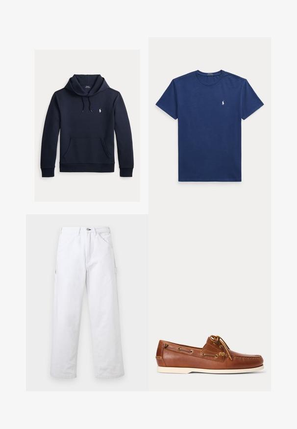 Tmavomodrá mikina s kapucňou so šnúrkou, predným klokanie vreckom, dlhými rukávmi a malým bielym logom Polo Ralph Lauren na hrudi.; Tmavomodré tričko s krátkym rukávom a okrúhlym výstrihom s malým bielym logom Polo Ralph Lauren na ľavej strane hrudníka.; Biele nohavice s vysokým pásom a rovnými nohavicami, s pútkami na opasok, prednými vreckami, zapínaním na gombíky a bočným úžitkovým vreckom na jednofarebnom pozadí.; Hnedá kožená lodná obuv s bielou podrážkou, šnúrka zviazaná na vrchu a kovové oko pozdĺž strán a predného švu.