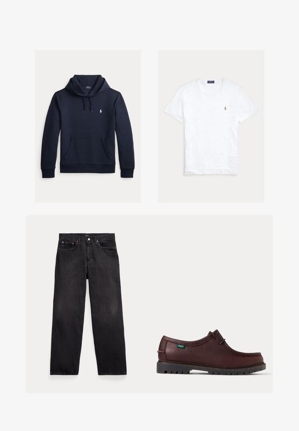 Tume merevärvi kapuutsiga dressipluus esiküljel kengurutasku, kapuuts nööriga, pikad varrukad ja väike valge Polo Ralph Laureni logo rinnal.; Valge lühikeste varrukatega ümara kaelusega T-särk, millel on väike Polo Ralph Laureni tikitud logo vasakul rinnal ning sinine kaubamärgi silt krae sees.; Mustad sirgete lõikega teksapüksid viie tasku, nööpidega kinnituse ja nähtavate metallnappidega esimestel taskutel.; Tumepruun nahast mokasiinstiilis jalanõu musta tugevdatud tallaga ja rohelise Polo logoga sildiga küljes, näidatud külgvaates.
