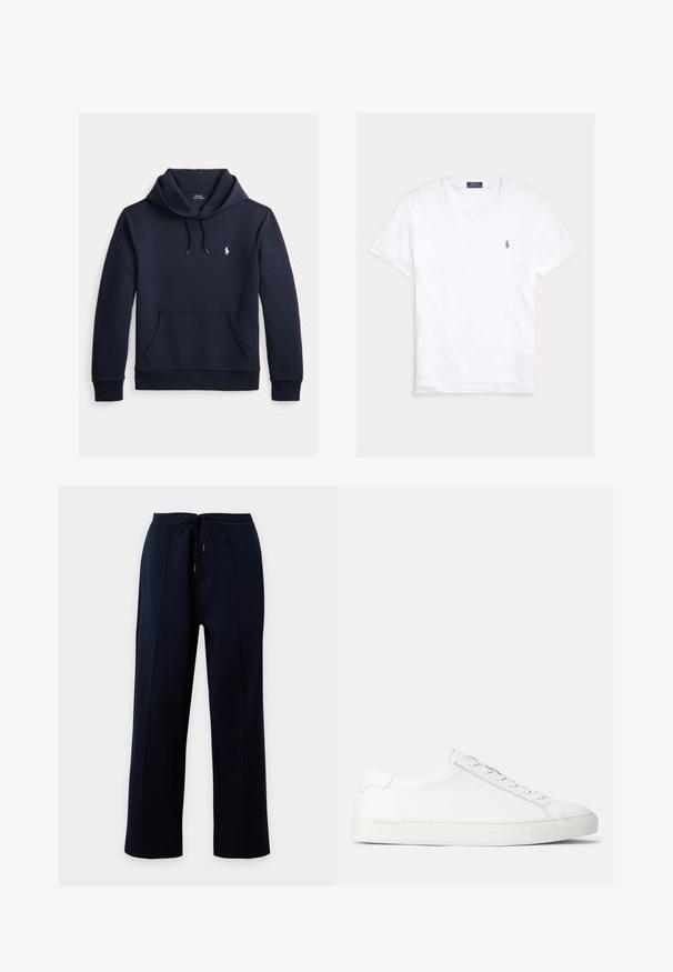 Tmavomodrá mikina s kapucňou so šnúrkou, predným klokanie vreckom, dlhými rukávmi a malým bielym logom Polo Ralph Lauren na hrudi.; Biele tričko s krátkym rukávom a okrúhlym výstrihom, s malým vyšitým logom Polo Ralph Lauren na ľavej strane hrude a modrou značkovou etiketu vo vnútri goliera.; Tmavomodré nohavice s širokými nohavicami, s šnúrkou v páse a detailmi švov pozdĺž prednej časti každej nohy, zobrazené na jednoliatom pozadí.; Biele kožené tenisky s hladkým povrchom, zaobleným tvarom, plochou gumenou podrážkou a bielymi šnúrkami. Majú minimalistický dizajn a nenápadné branding.